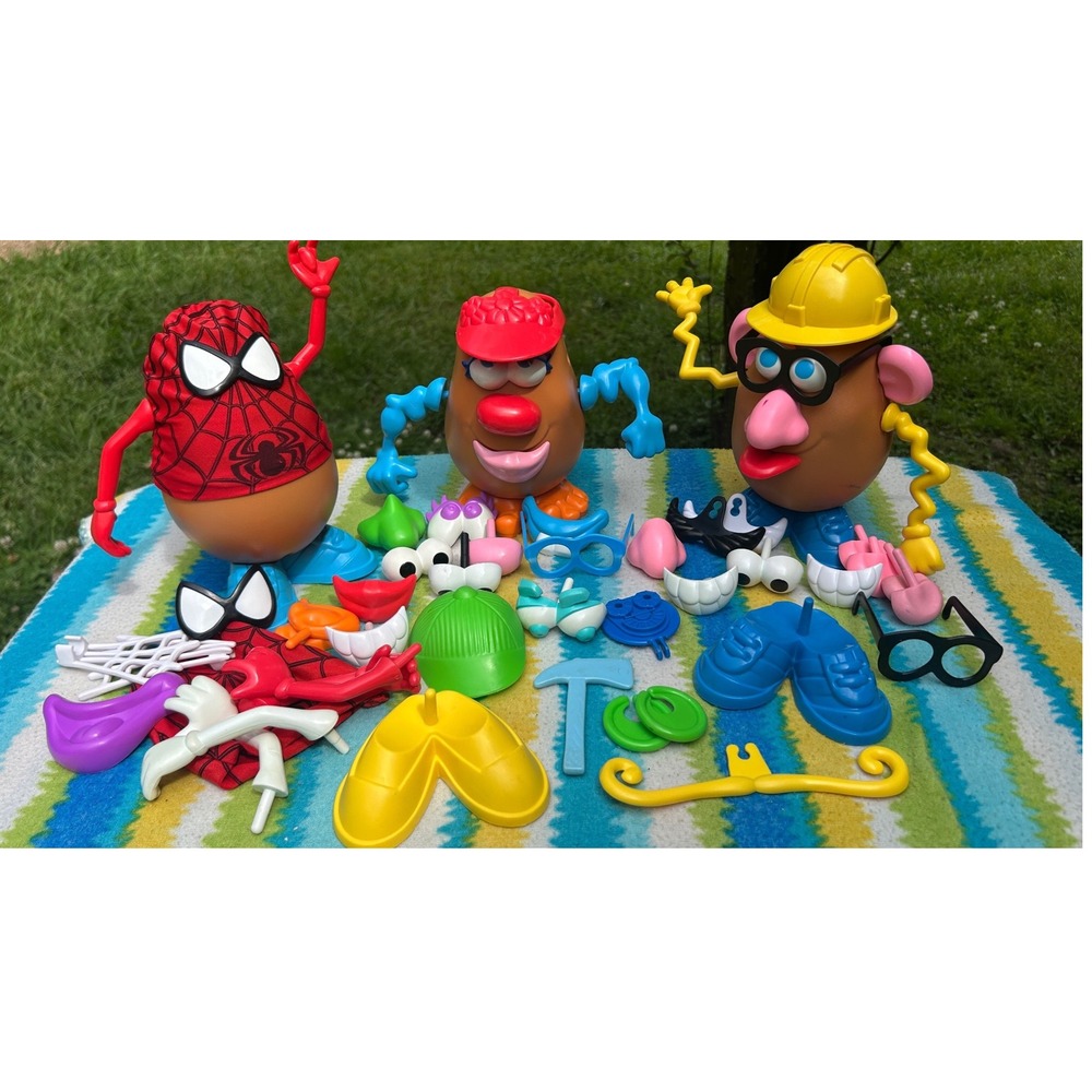 Playskool 1985 Mr Potato Head Lot 62pc Spiderman Construction Kids Plastic Toy